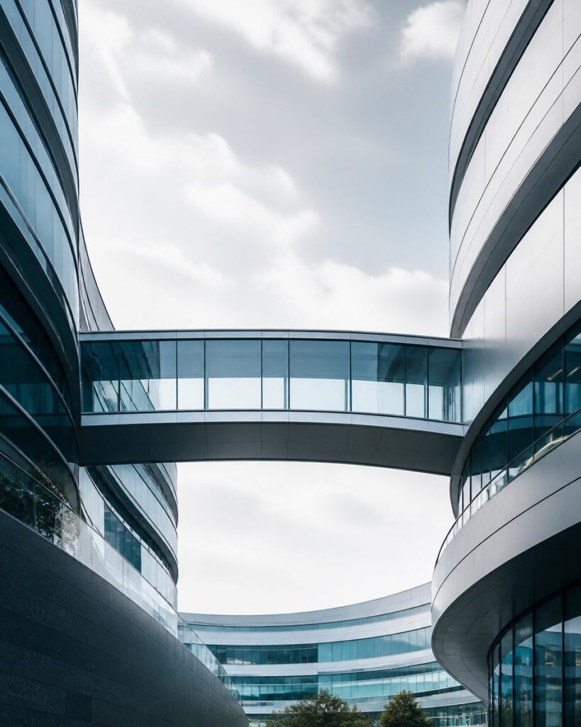 Modern office buildings connected by an architectural bridge.